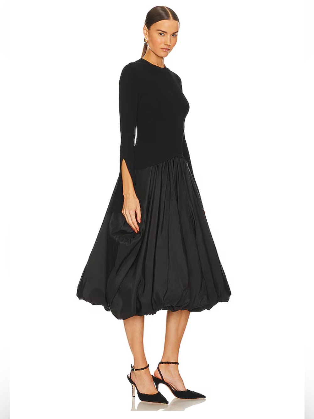 SIMKHAI Elegant Black Long-Sleeve Bubble-Hem Midi Dress